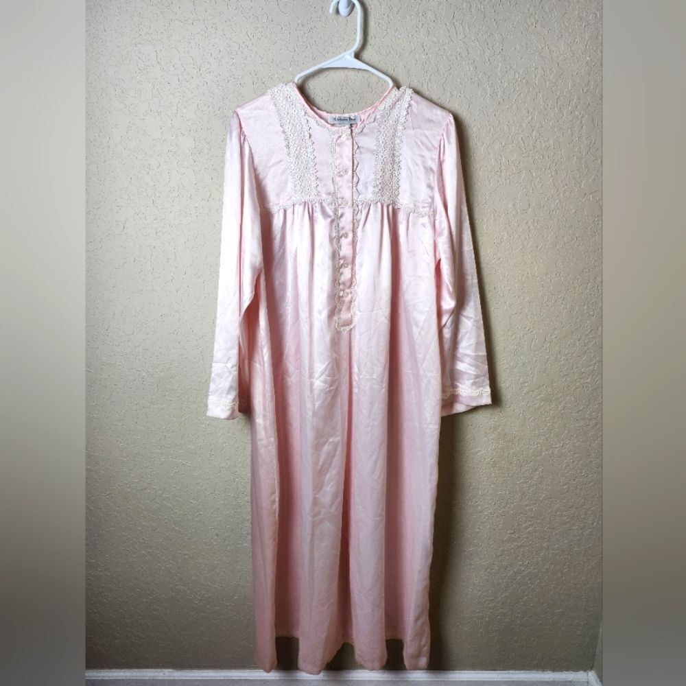 Vintage Christian Dior Lace Long Sleeve Night Gown Pink Size M
